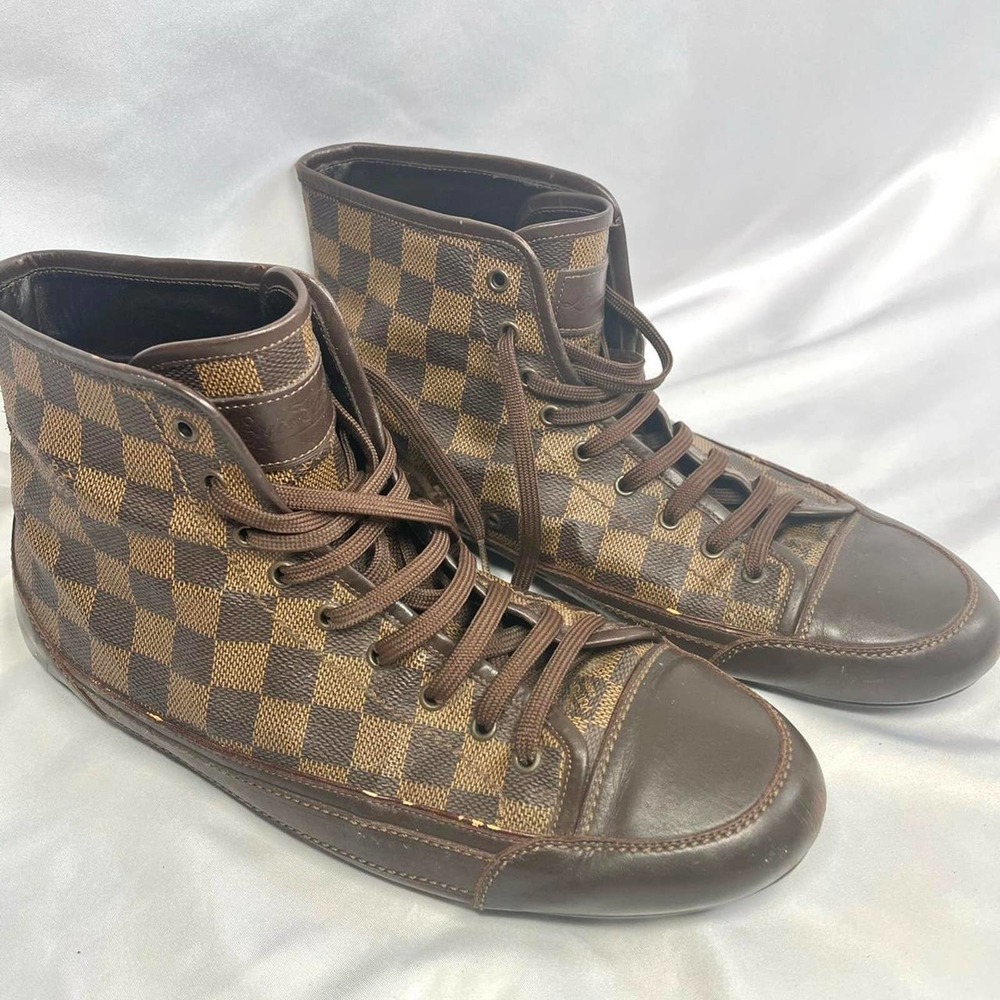 Vintage Louis Vuitton Mens Brown Checker Print Hightop Sneakers Size 9 1/2
